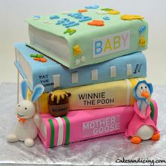 Baby Books Baby Shower Theme Cake #babybooksbabyshowercake Mothergoosebook#fondantmothergoose #winniethepoohbook #hunnyjar #patthebunnybook #fondantpatthebunny 001