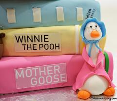 Baby Books Baby Shower Theme Cake #babybooksbabyshowercake Mothergoosebook#fondantmothergoose #winniethepoohbook #hunnyjar #patthebunnybook #fondantpatthebunny 002