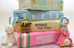 Baby Books Baby Shower Theme Cake #babybooksbabyshowercake Mothergoosebook#fondantmothergoose #winniethepoohbook #hunnyjar #patthebunnybook #fondantpatthebunny 003