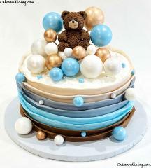 Bear Ruffles And Balls Cake #babyshower #babyshowercake #fondantcake #fondantruffles #metallicballs #fondantbear #handmade #ediblebear #cute #adorable #customcakes