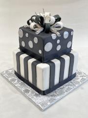 Black White And Silver ,classic Stripes And Polka Dots Cake With Handmade Fondant Bow !! #polkadots #polkadotcake #fondantcake #fondantstripes #squaretieredcakes 01