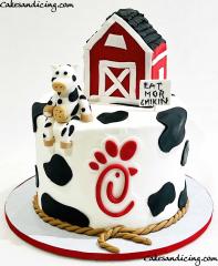 Chick Fil A Anniversary Cake #chickfila #eatmorchikin #chickfilacake #cow #farmhouse #barn #chickfilalogo #cowprint #fondantcow #fondantfarmhouse #sheetcake #handmade 01