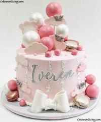 Clouds , Crown  Balls Theme Cake. Pink & White Cake #pinkandwhitecake #cloudsandcrowns #fondantbow #metallicballs #macarons #metalliccolors #fondantclouds #silveredibleleaf