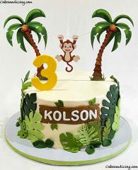 Cute Lil Monkey Just Hangin Around Jungle Theme Cake #jungle #jungletheme #junglethemeparty #junglethemecake #junglethemebirthday #birthdaycakeforkids #tropicallife #tropicalleaves 1