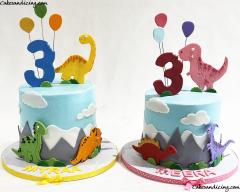 Dino Them Cakes For Twin Birthday!! Pink Dino And Balloon , Happy 3rd Birthday #dinocake #dinosaurparty #dinothemecake #fondantdinosaur #handmade #balloonsanddinos #funbirthday 01