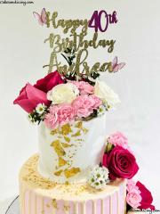 Happy 40th Birthday. Fresh Flowers And Drip Cake ! #freshflowerscake #dripcakes #goldaccents #ediblegoldleaves #freshflowers #customtopper #butterfly 02