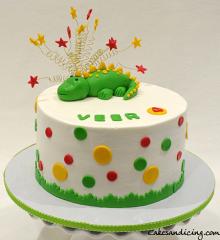 Kids Birthday Cake #kidsbirthdaycake #stars #polkadots #babydinosaur #babydino #chocolatechipcake