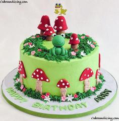 Mushrooms And Frog Theme Cake #mushrooms #mushroom #mushroomcake #mushroomandfrogcake #frog #frogs #fondantfrog #buttercream #buttercreamcake #birthdaycake 01