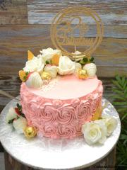 Petal Pink Rosettes And Fresh White Rose Theme Cake #whitechocolatedippedstrawberries #handmadegoldleaves #freshwhiteroses #lindtlindor #marblecake #vintage #fiftyandfabulous