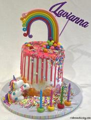 Rainbow And Unicorn Cake Vibrant With Colorful Sprinkles And Confettis , Dripping Fun Birthday Cake !!!! #unicorncake #girlsbirthdaycake #pinkchocolatedrip #candles 01