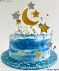 Stars Moon And Clouds Theme Cake . #babyshower #babyshowercake #stars #moon #starsandmoon #starsandmooncake #clouds #buttercream #babyshower #silverandgold